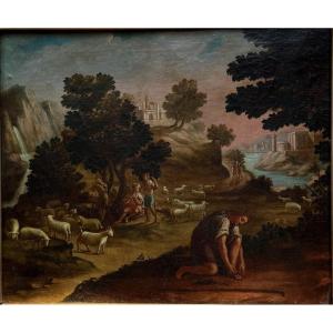 Huile sur toile représentant une scène pastorale du début du XIXème siècle