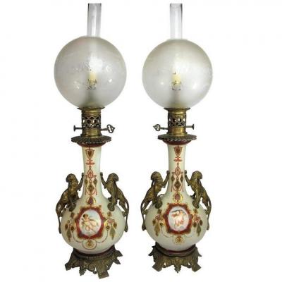 Pair Of Neoclassical Lamps In Porcelain And Bronze 19th Century