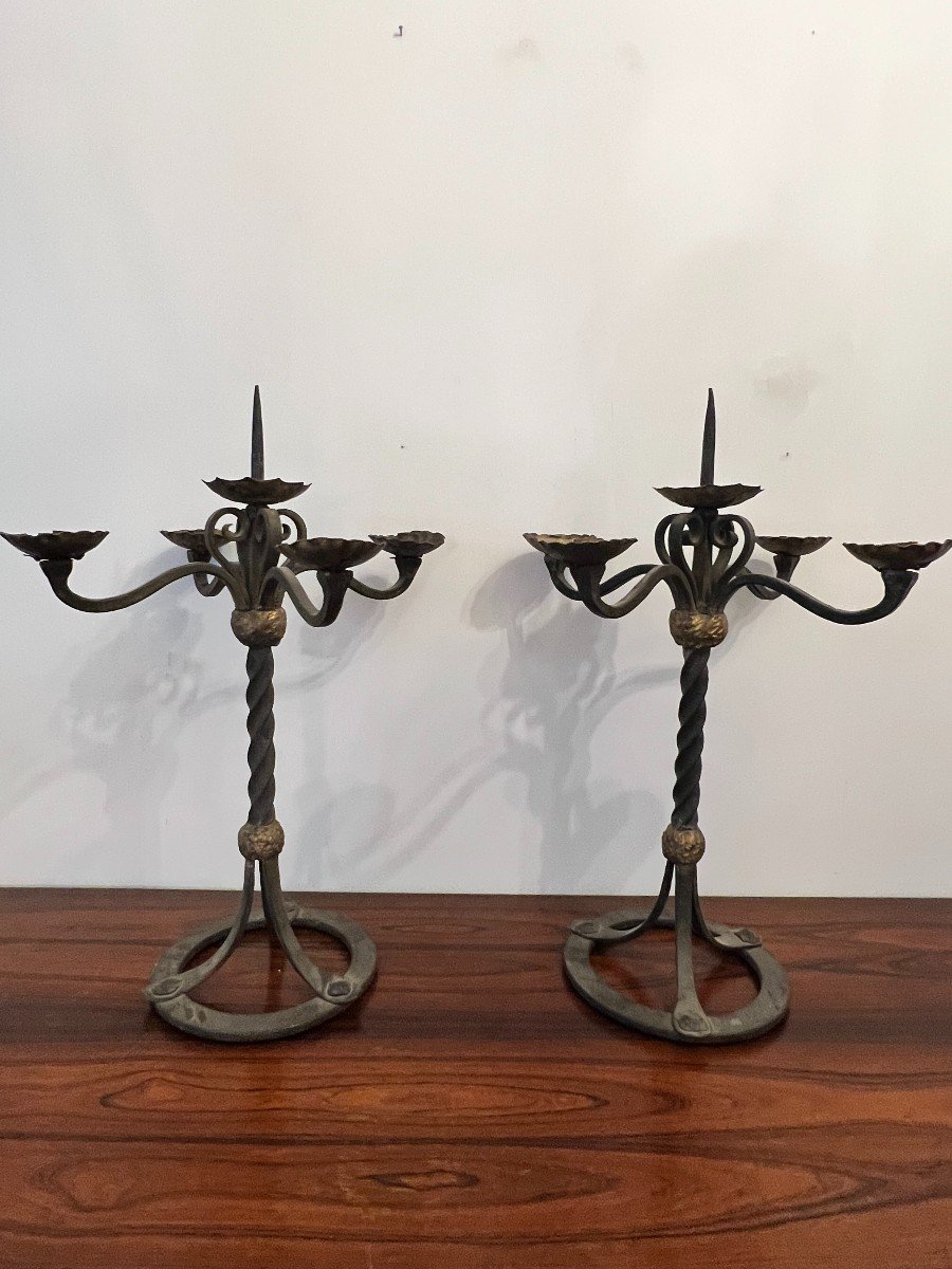 Pair Of Wrought Iron Candelabra, Candlesticks, Table Centerpiece.-photo-2