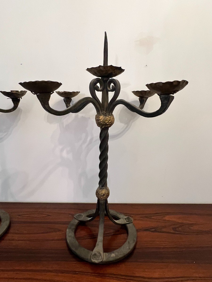 Pair Of Wrought Iron Candelabra, Candlesticks, Table Centerpiece.-photo-5