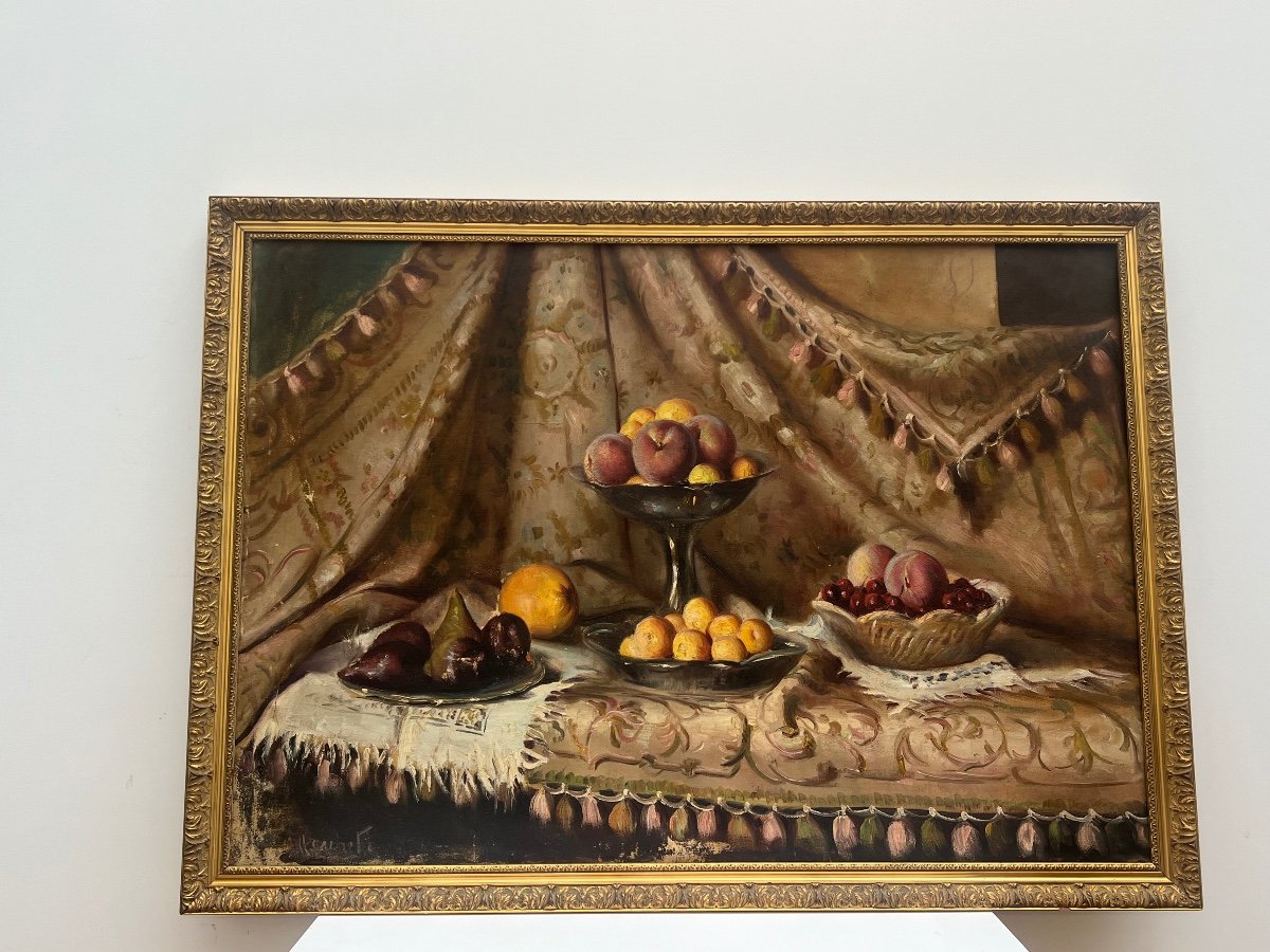 112cm By 79 Cm Still Life With Fruits. Oil On Canvas .-photo-4