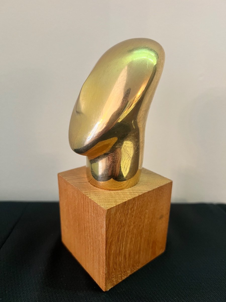 Cycladic Head In Gilded Bronze. Statuette.-photo-4
