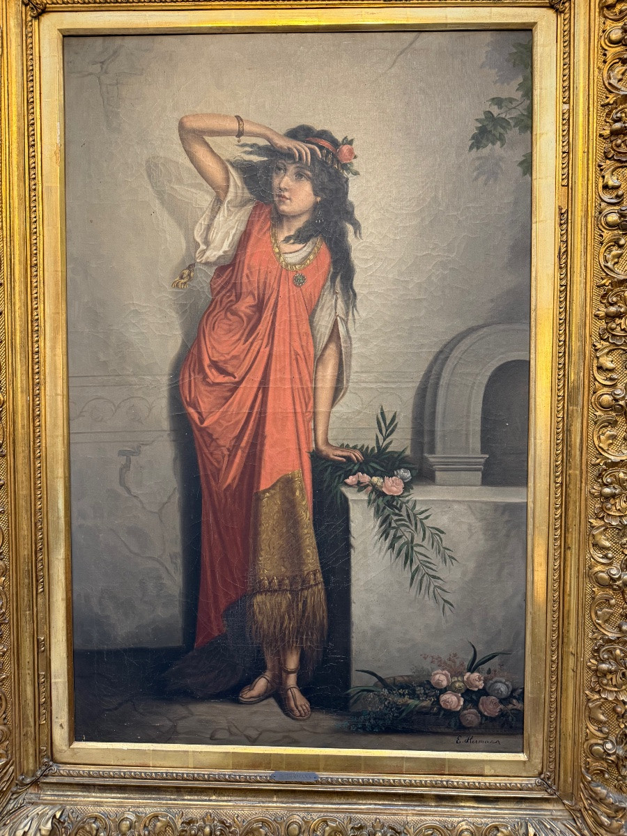 Important Oil On Canvas, Young Woman At The Fountain. Hermann.-photo-3