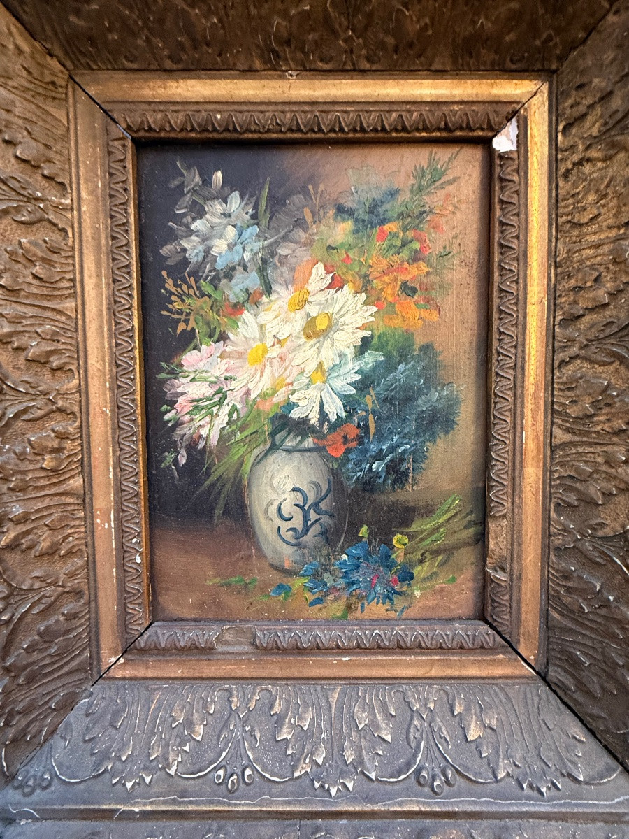 Tableau , nature morte , fleurs signé Godchaux .-photo-2