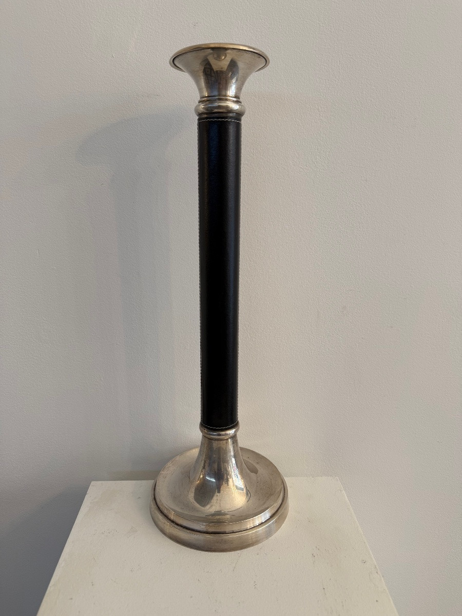Antique Leather And Silver-plated Metal Candlestick. -photo-2
