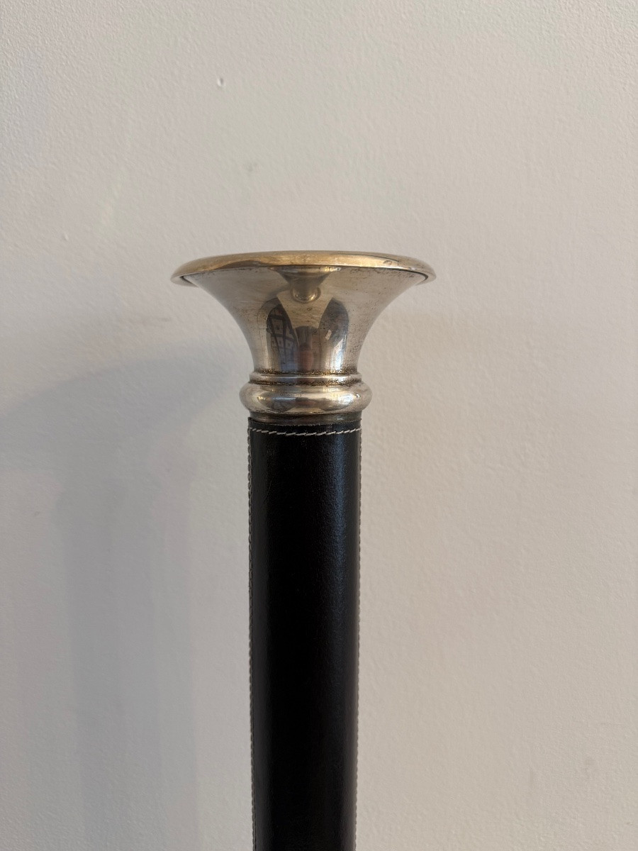 Antique Leather And Silver-plated Metal Candlestick. -photo-3