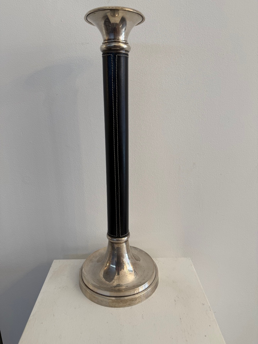 Antique Leather And Silver-plated Metal Candlestick. -photo-2