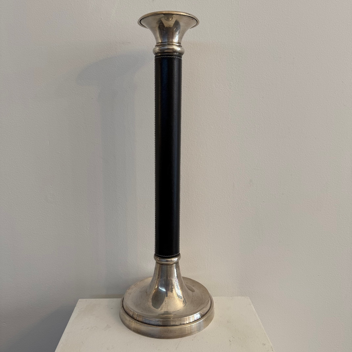 Antique Leather And Silver-plated Metal Candlestick. 