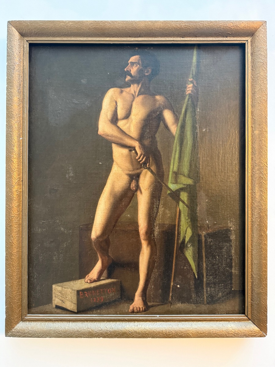  Tableau  , huile sur toile , figure masculine au drapeau . -photo-2