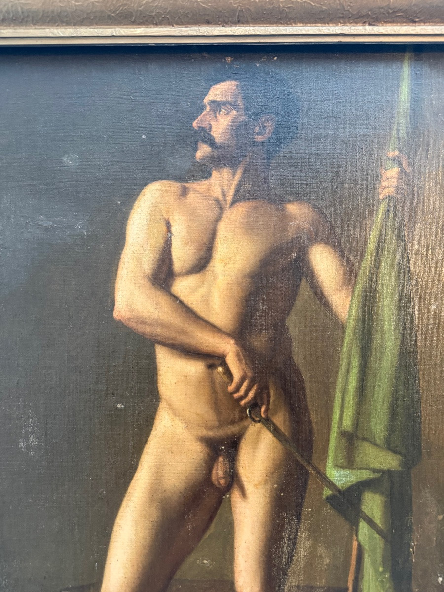  Tableau  , huile sur toile , figure masculine au drapeau . -photo-4