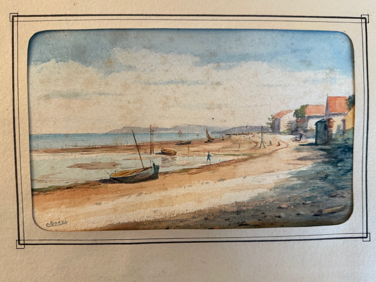 Painting, Watercolor Of A Boat At Low Tide. -photo-2