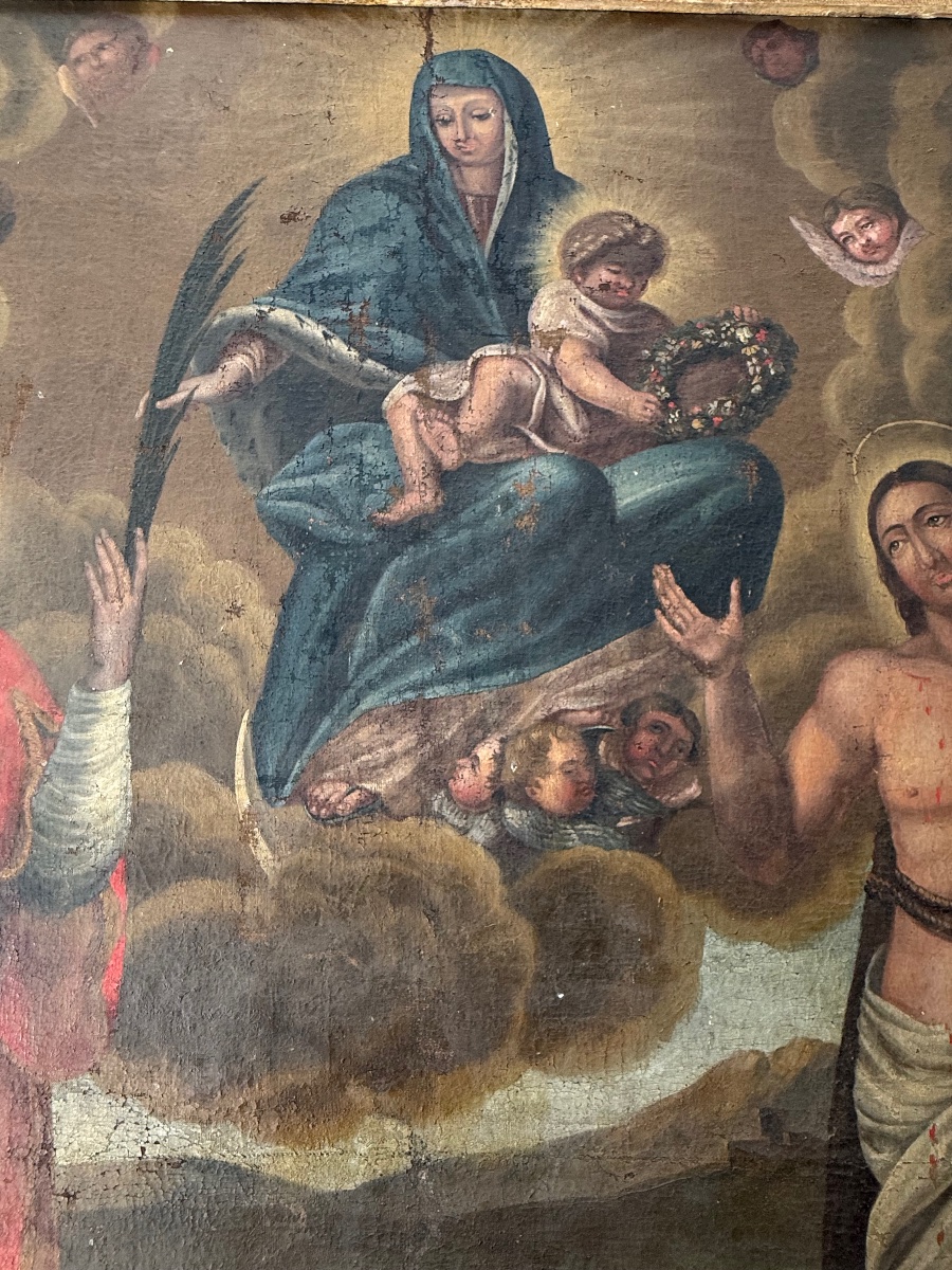 180 cm x 160 cm tableau religieux , huile sur toile 17 eme siècle . -photo-3