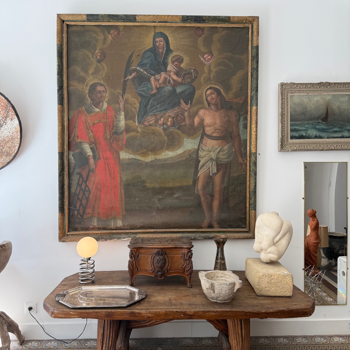 180 cm x 160 cm tableau religieux , huile sur toile 17 eme siècle . 