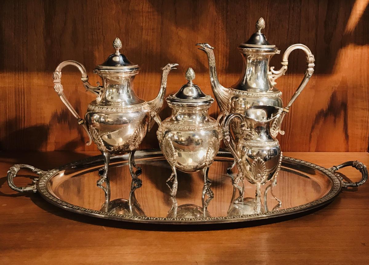 Service à Thé Ou Café En Métal Argenté De Style Empire .
