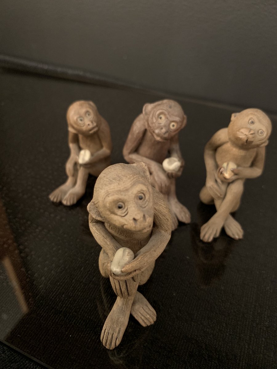 Group Of 4 Subjects, Statuettes A Representation Of Terracotta Monkey, Japan Late Nineteenth Eme-photo-3
