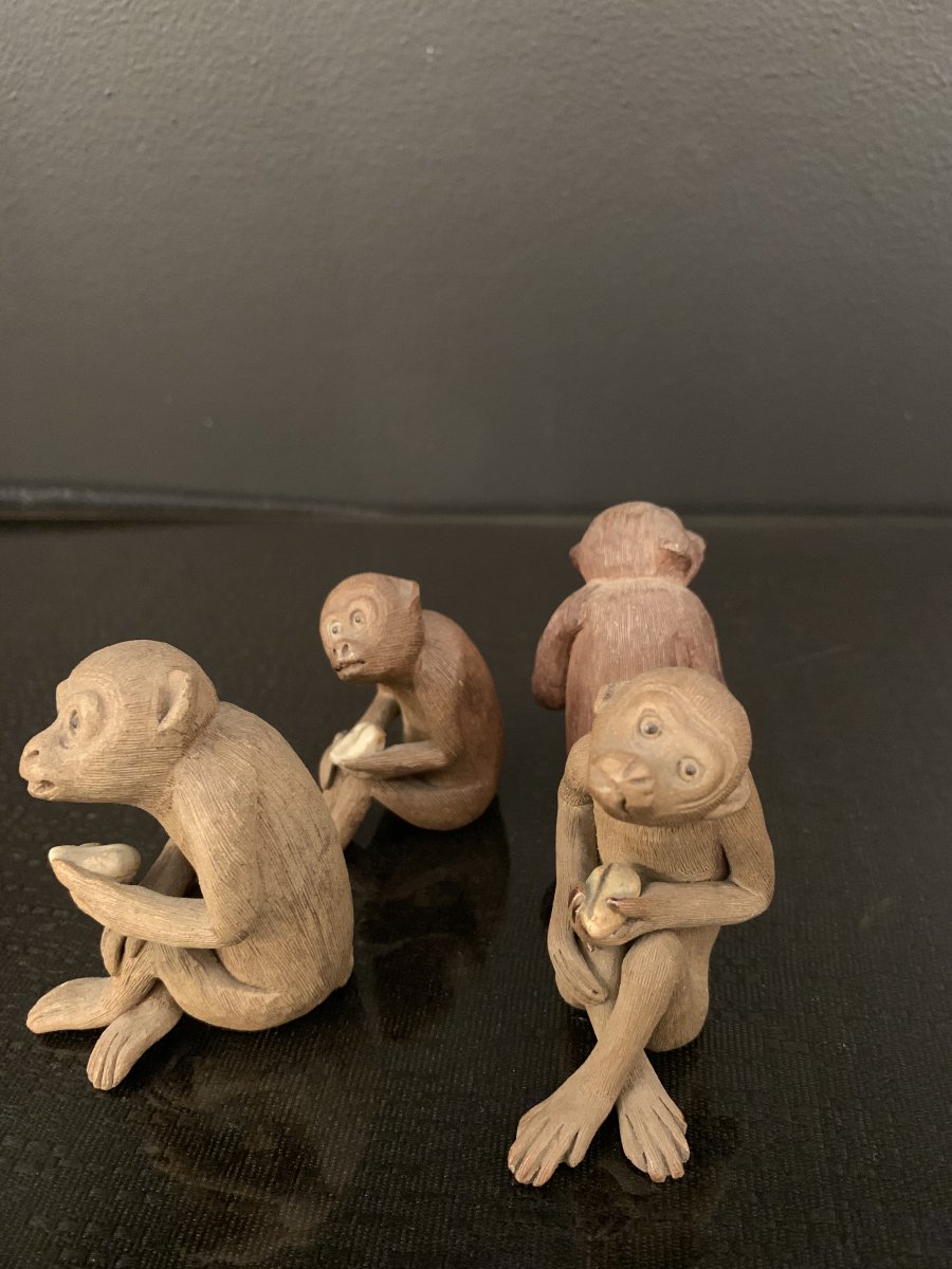 Group Of 4 Subjects, Statuettes A Representation Of Terracotta Monkey, Japan Late Nineteenth Eme-photo-2