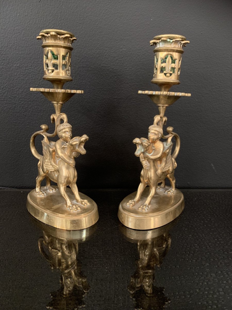 Pair Of Candlestick Gilt Bronze Children Riding A Winged Dog XIX Eme Century.-photo-2