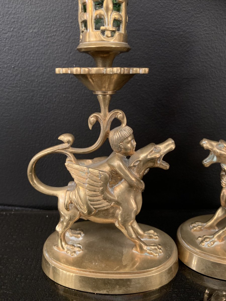 Pair Of Candlestick Gilt Bronze Children Riding A Winged Dog XIX Eme Century.-photo-4