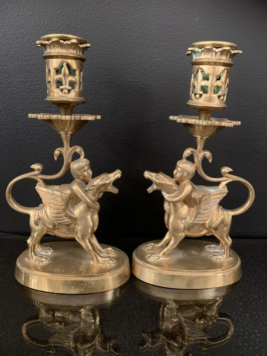 Pair Of Candlestick Gilt Bronze Children Riding A Winged Dog XIX Eme Century.-photo-1