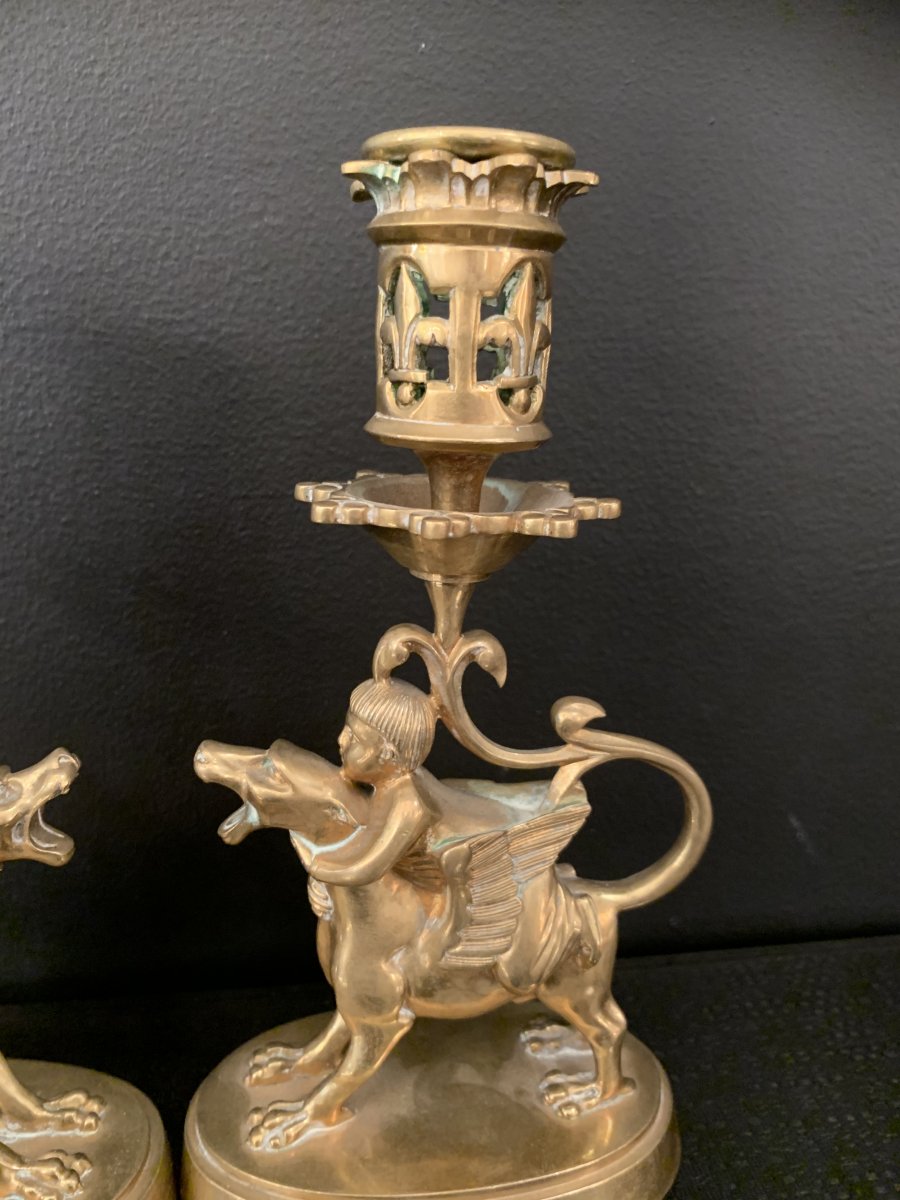 Pair Of Candlestick Gilt Bronze Children Riding A Winged Dog XIX Eme Century.-photo-5