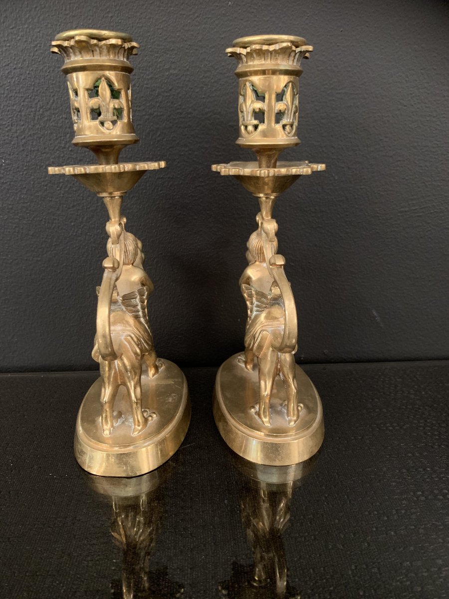 Pair Of Candlestick Gilt Bronze Children Riding A Winged Dog XIX Eme Century.-photo-6