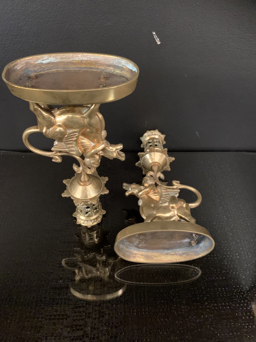 Pair Of Candlestick Gilt Bronze Children Riding A Winged Dog XIX Eme Century.-photo-8