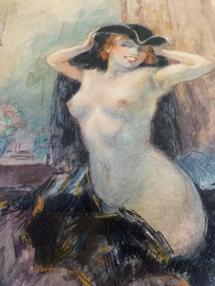 Yves Diey (xix-xx) Watercolor Naked Woman.-photo-3