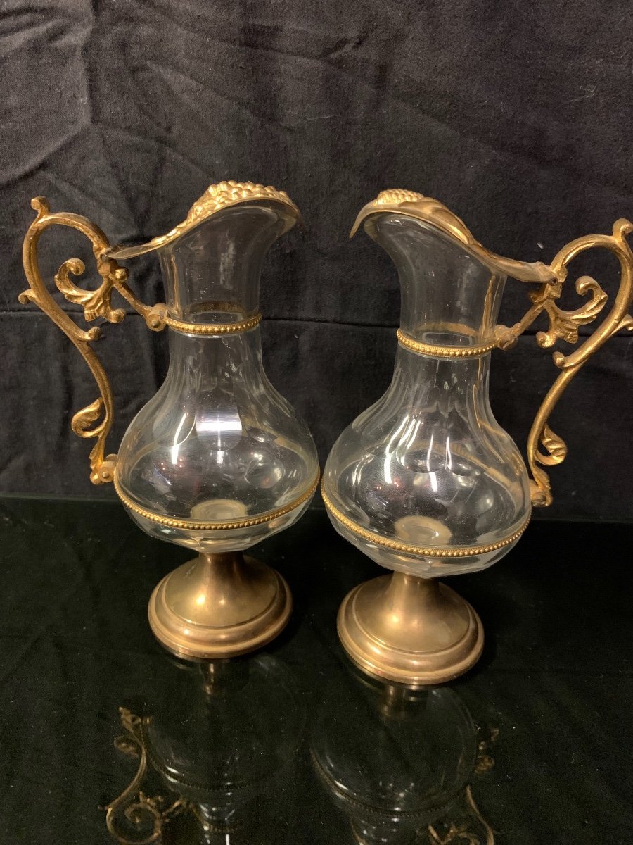 Pair Of Bronze And Crystal Burettes, Oil And Vinegar-photo-2