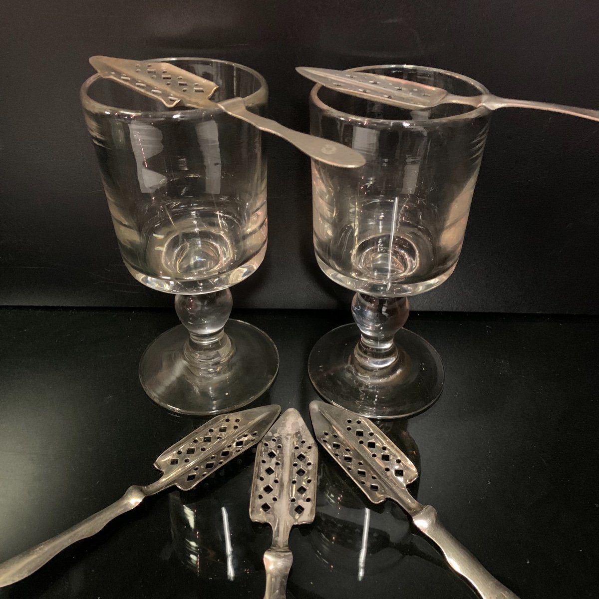 Absinthe, Set Of Five Spoons And Two Glasses