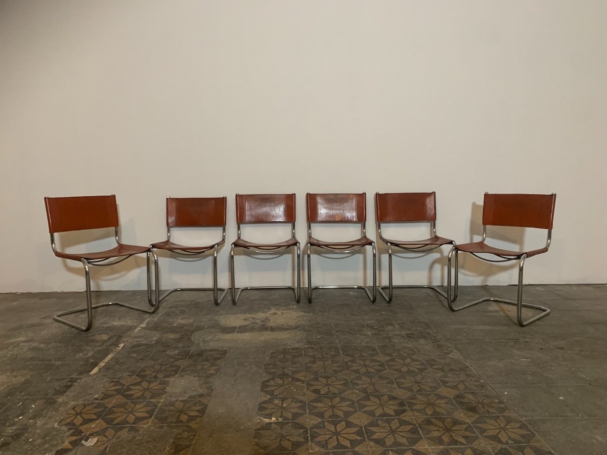 Matteo Grassi For Fasem, Suite Of 6 Leather Chairs Design 1970-photo-2