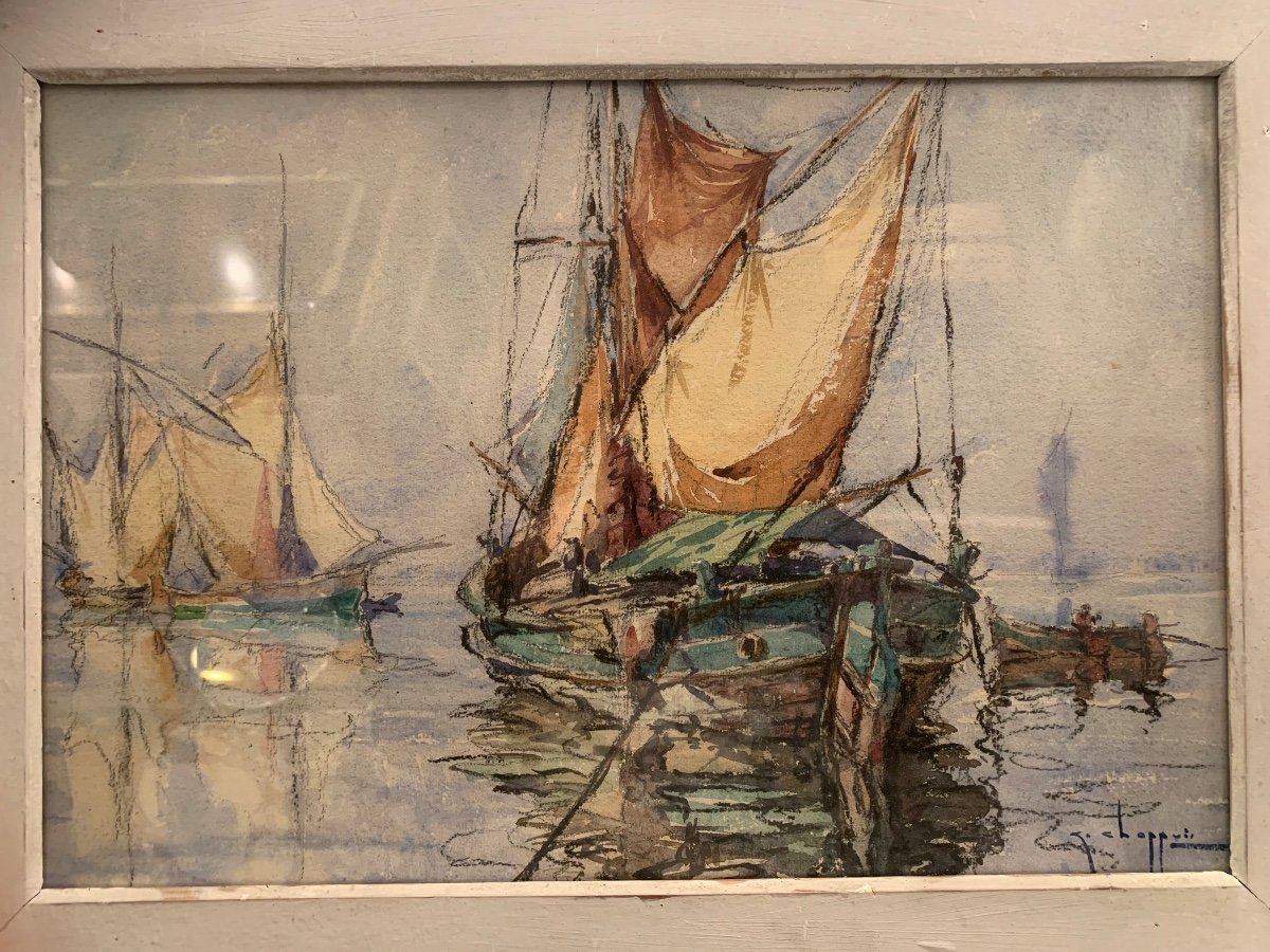 Georges Chappuis , Tableau Marine Aquarelle Et Crayon .-photo-1