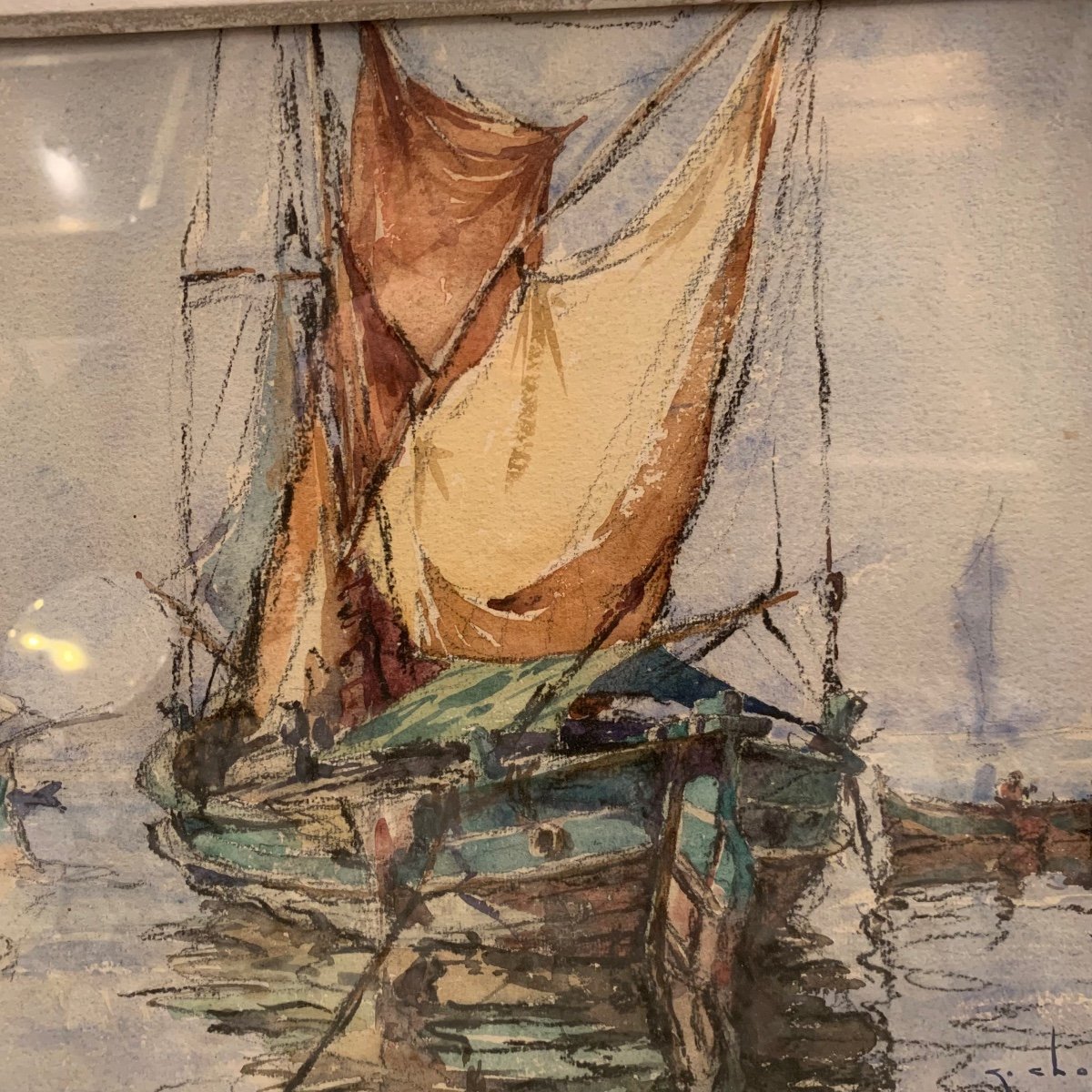 Georges Chappuis, Marine Watercolor And Pencil Painting.