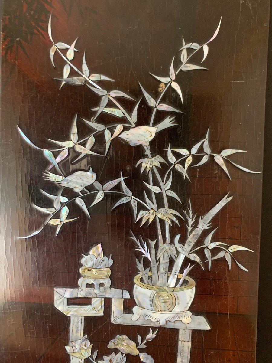 China, Lacquer Panel And Mother Of Pearl Inlays.-photo-3