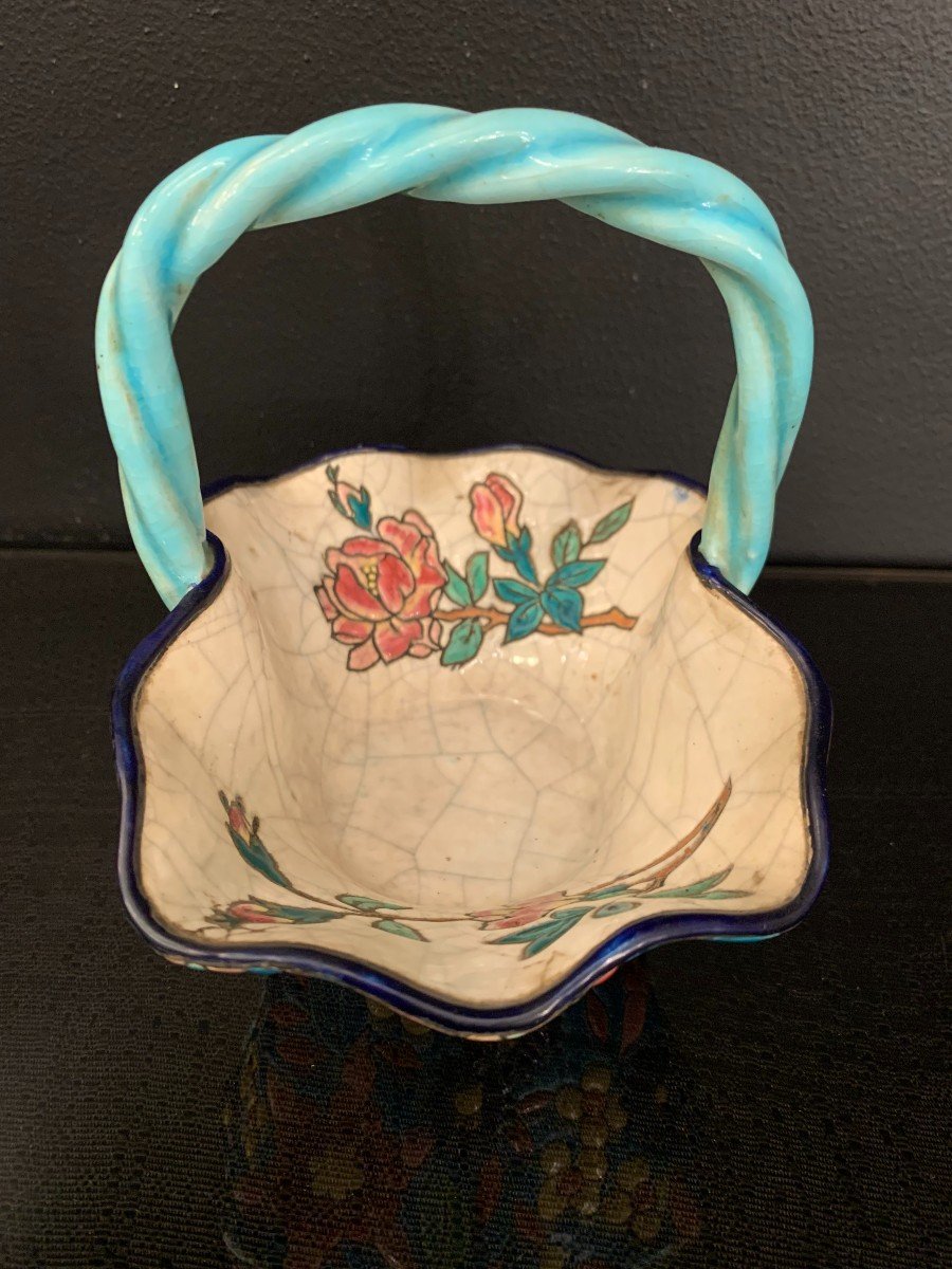 Longwy, Basket In Polychrome Enamels With Floral Decor.-photo-4