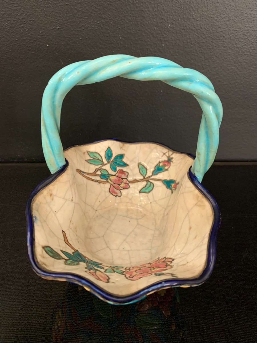 Longwy, Basket In Polychrome Enamels With Floral Decor.-photo-1