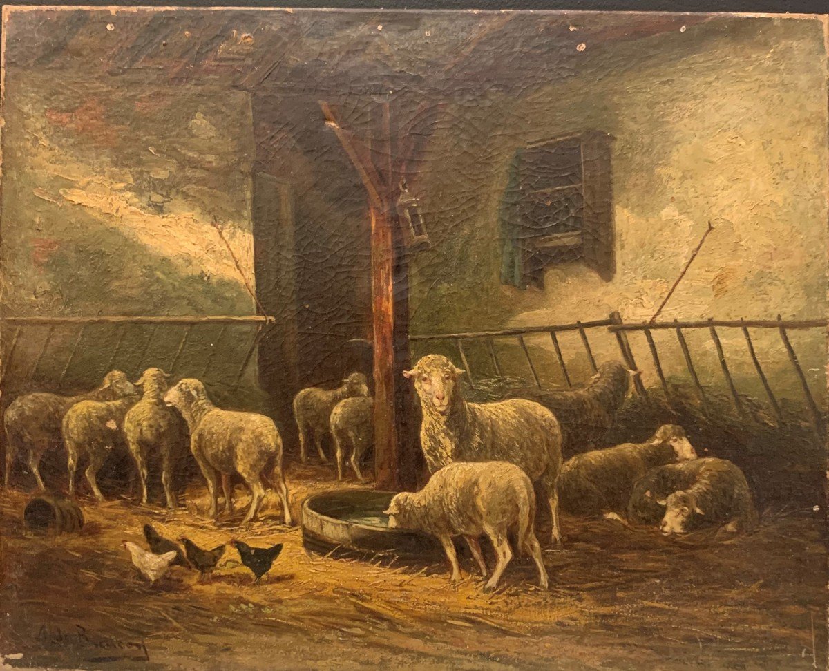 Philippe Albin De Buncey (1905-1978) Oil On Canvas Sheep In The Stable.-photo-2