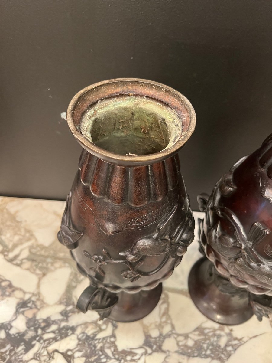 Japon époque Meiji , Paire De Vase En Bronze Décor Aux Oiseux.-photo-7