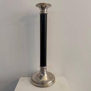 Antique Leather And Silver-plated Metal Candlestick. 