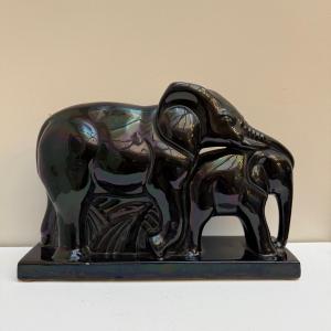 Charles Lemanceau, Saint Clement, Art Deco Earthenware Elephants.