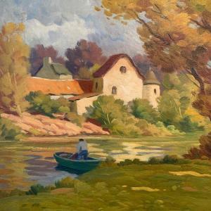 The Dordogne Surroundings Of Bergerac, Oil On Canvas Painting By Eschbach.