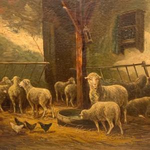 Philippe Albin De Buncey (1905-1978) Huile Sur Toile Moutons Dans l'étable .