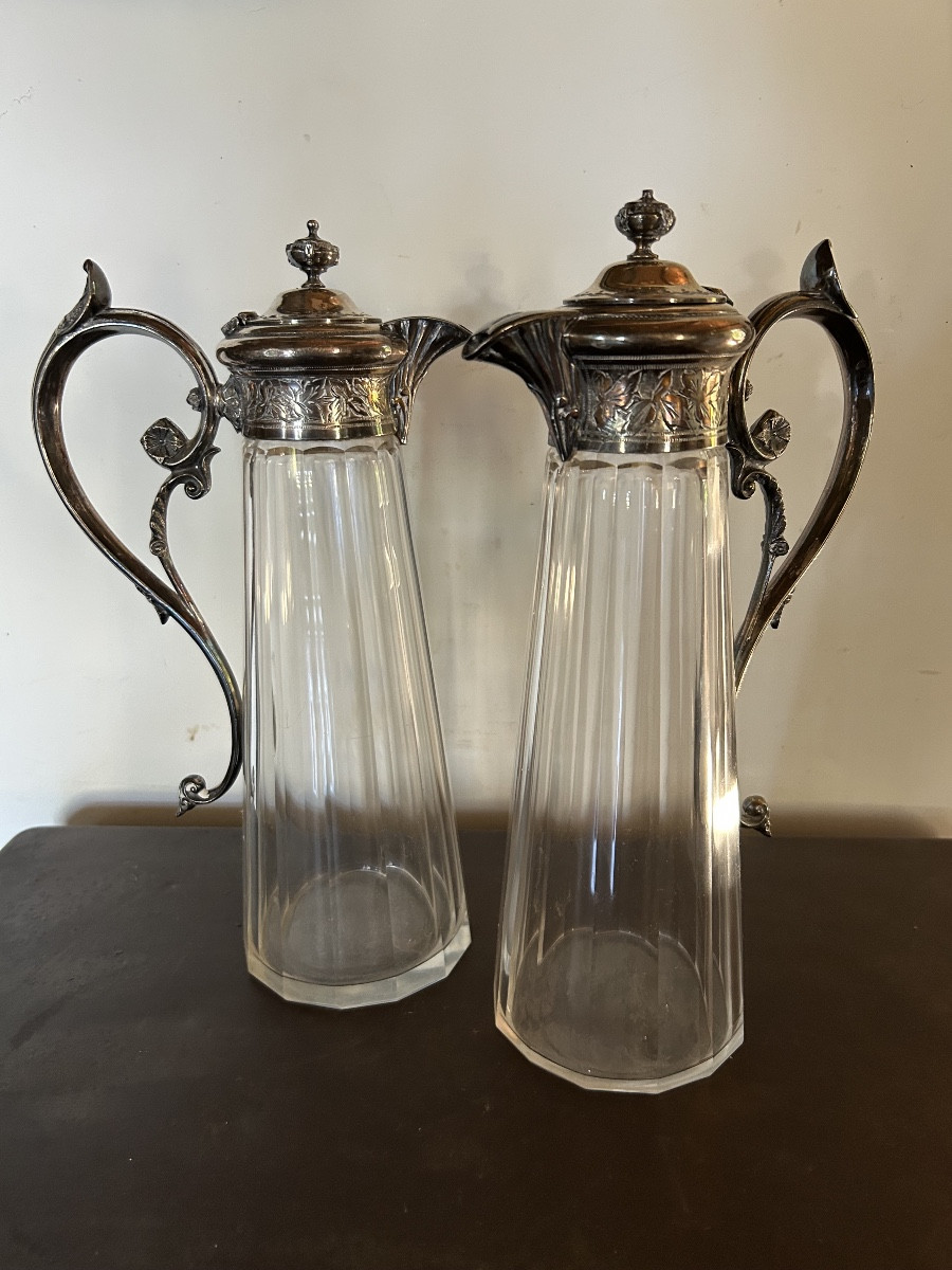 Pair Of Crystal And Silver-plated Metal Ewers 