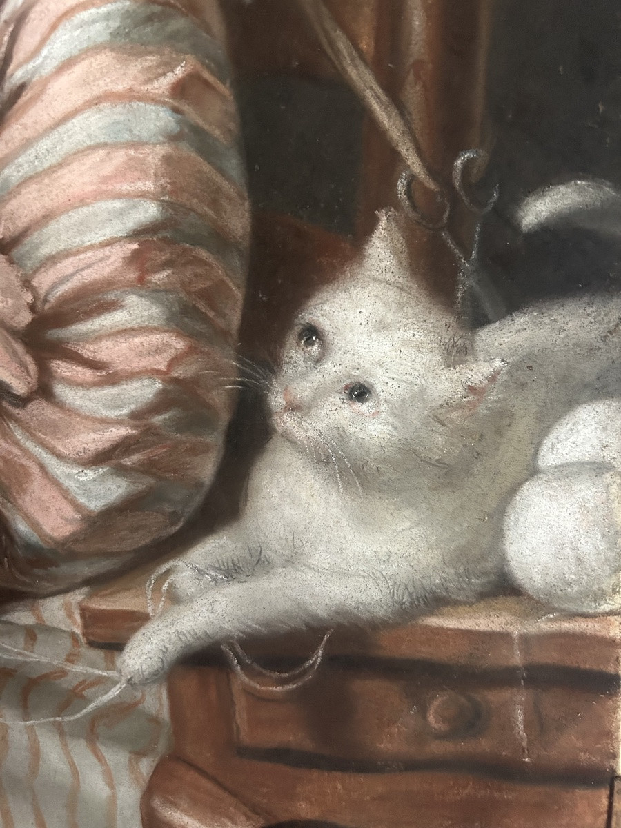 18th Century Pastel Young Girl Ball Of Wool Cat -photo-5