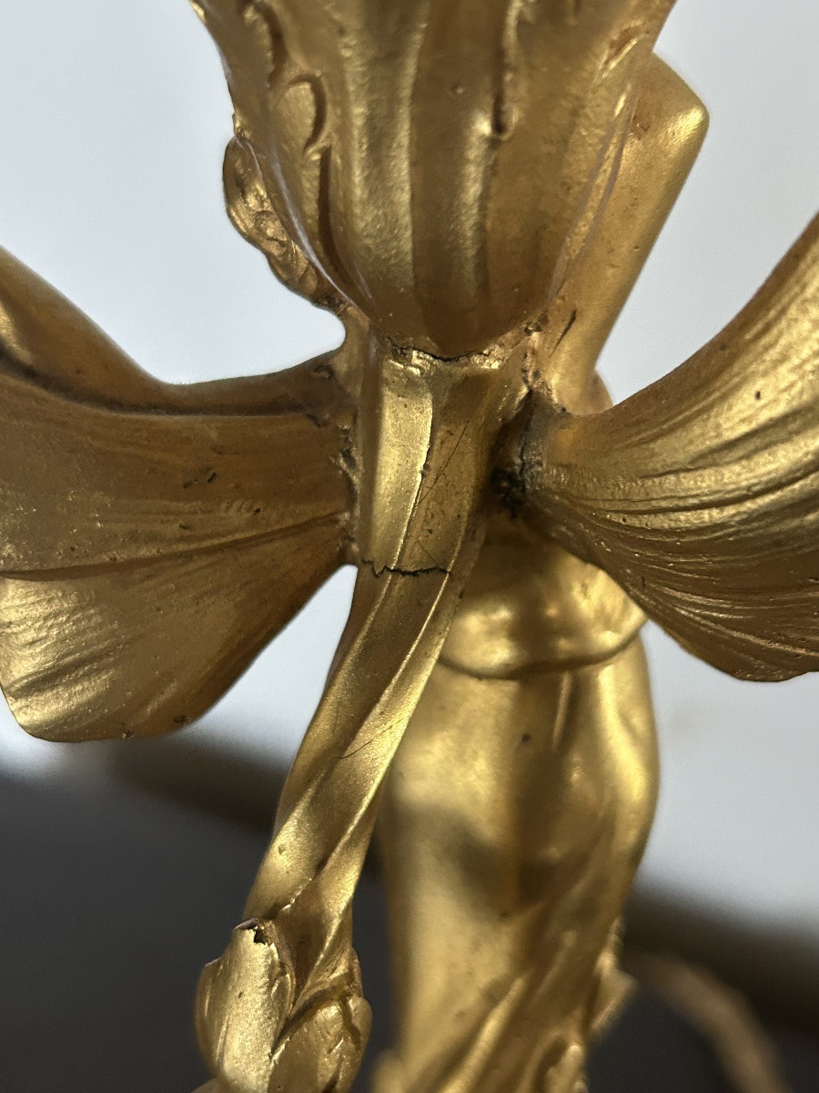 Art Nouveau Lamp Sculpture In Gilt Bronze Woman Butterfly -photo-2