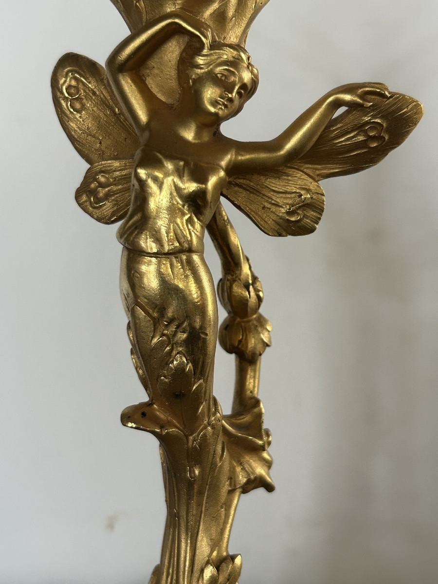 Art Nouveau Lamp Sculpture In Gilt Bronze Woman Butterfly -photo-4