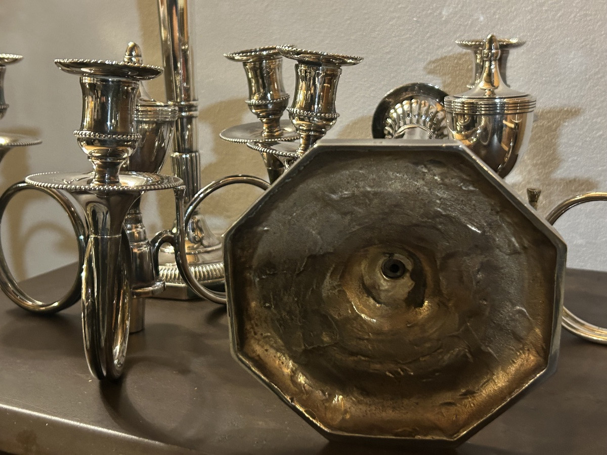 Pair Of Silvered Bronze Hunting Horn Candelabra -photo-3