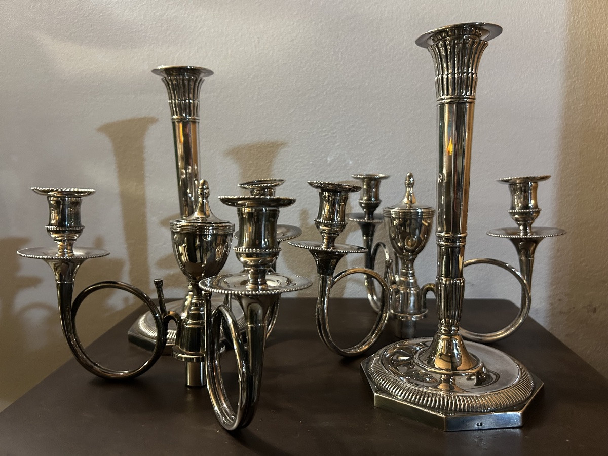 Pair Of Silvered Bronze Hunting Horn Candelabra -photo-4