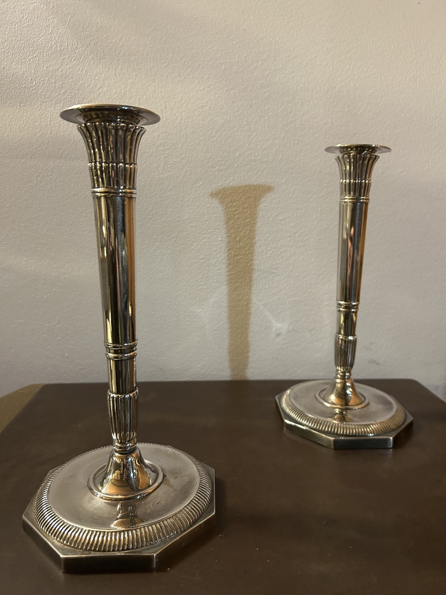 Pair Of Silvered Bronze Hunting Horn Candelabra -photo-1