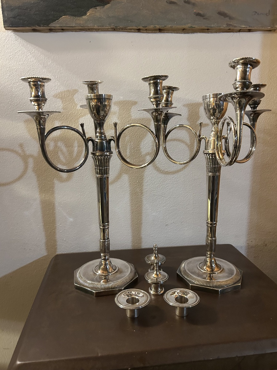 Pair Of Silvered Bronze Hunting Horn Candelabra -photo-3