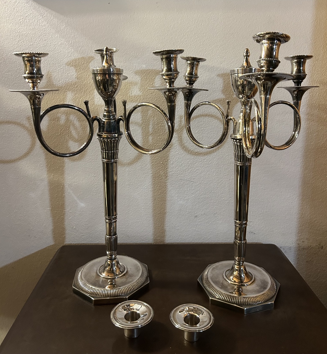 Pair Of Silvered Bronze Hunting Horn Candelabra 